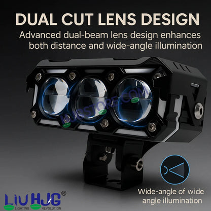 HJG New Future Eyes Ring DRL 3 LED Projector Foglight 240W with Wiring Harness Kit Red DRL/Amber Ring/White/Yellow Light 240W Foglight Ultra Wide Dual Intensity LED Driving Fog Lights Universal For All Cars & Bikes LIU HJG Ring 3 Lens Fog with Wiring Kit - HJGstore.com