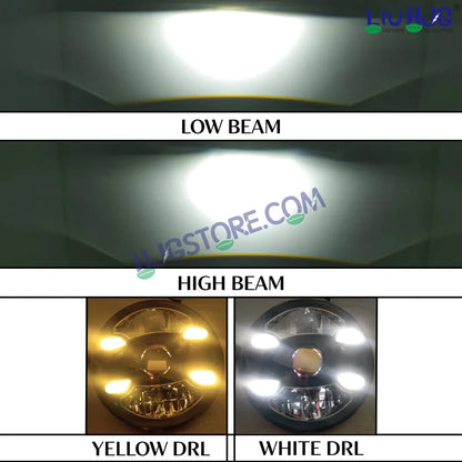 HJG New 4 Dot DRL 100W Projector Ultra Wide 7 Inch Headlight Assembly C-188 White LED Headlight New Model Projector Headlight Assembly for Royal Enfield | 100W CREE/Osram LED Chip Multi color White/Yellow Compatible with Royal Enfield, Jeep, Thar, Gypsy - HJGstore.com