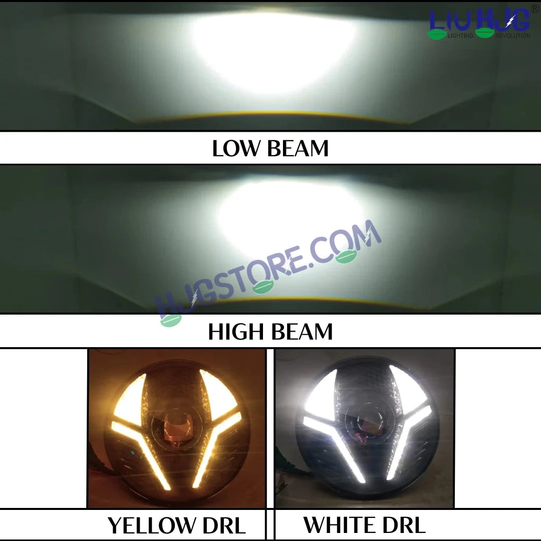 HJG Alien 7 Inch Headlight DRL 92W Projector Ultra Wide 7 Inch Headlight Assembly C-286 White LED Headlight New Model Projector Headlight Assembly for Royal Enfield | 92W CREE/Osram LED Chip White/Yellow Compatible with Royal Enfield, Jeep, Thar, Gypsy - HJGstore.com