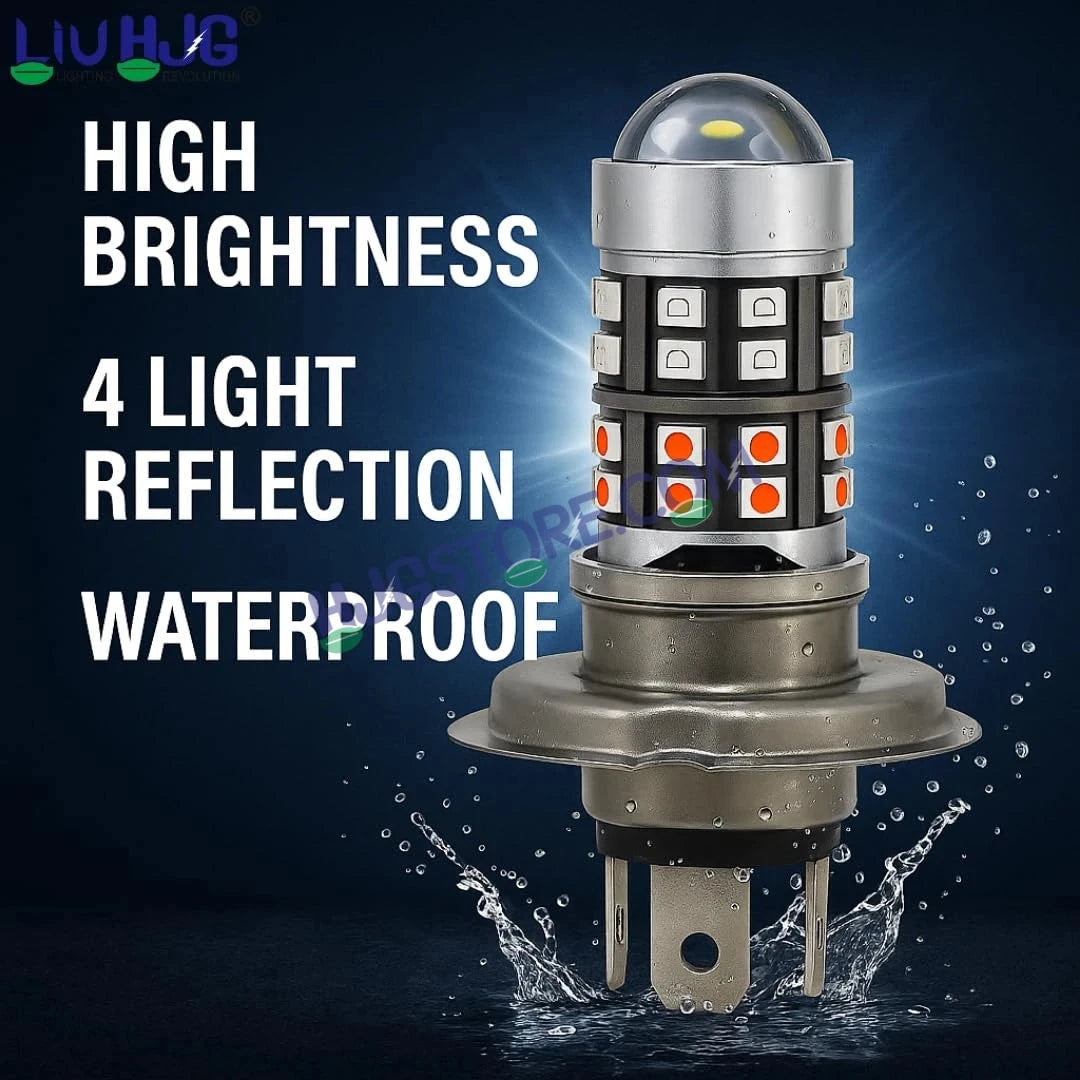 HJG H4 Lens 40 LED Red Blue Devil Lens New Model Red Blue White Yellow LED Headlight Bulb H4 For All Motorcycles (Low and High Beam Bulbs (White/Yellow/Red) Red DRL White Yellow 50W Lens) - 12V DC Hi/Lo Type H4 - HJGstore.com