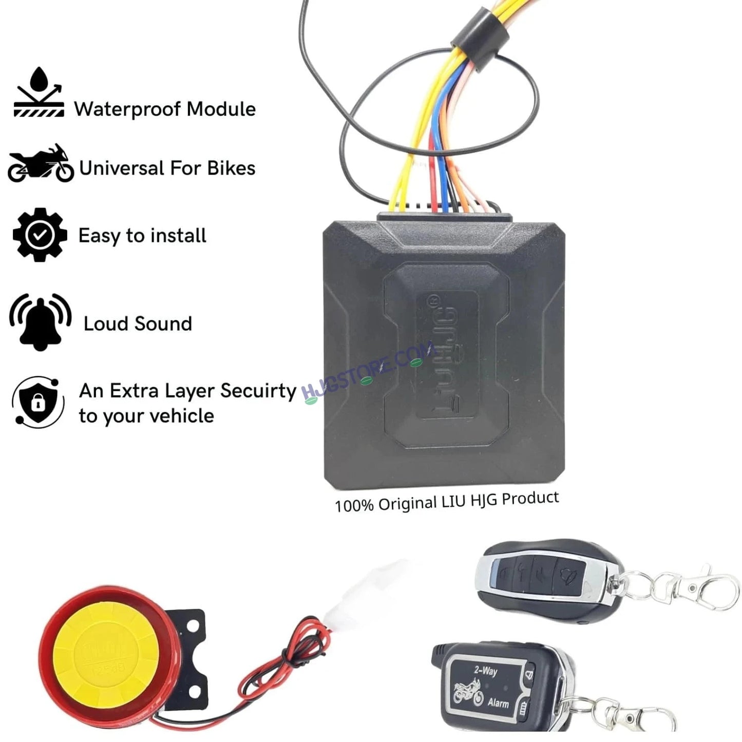 HJG Two Way Alarm System Kit Keyless Start Digital Bike Alarm Kit for Two Wheeler Security HJG Anti-Theft Alarm System Kit (Loud Siren 125 dB, Flashing Light & Shock Sensor) Universal Fit for Motorcycles & Scooters LIU HJG Keyless Two Way Alarm System Kit - HJGstore.com