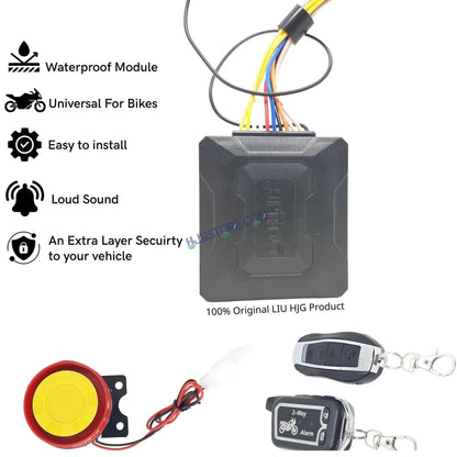 HJG Two Way Alarm System Kit Keyless Start Digital Bike Alarm Kit for Two Wheeler Security HJG Anti-Theft Alarm System Kit (Loud Siren 125 dB, Flashing Light & Shock Sensor) Universal Fit for Motorcycles & Scooters LIU HJG Keyless Two Way Alarm System Kit - HJGstore.com