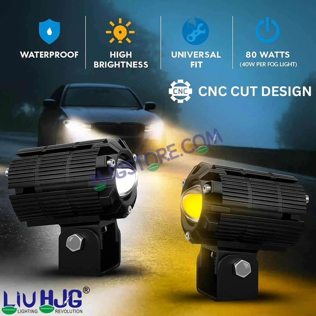 HJG CNC Mini Drive 80W Version 7 New Model Projector Foglight with Canbus Red DRL/White/Yellow Ultra Wide Dual Intensity 80W LED Fog Lights White/Yellow/White + Yellow/Red DRL Universal For All Cars & Bikes LIU HJG CNC Mini Drive 80W Version 7, Set of 2 - HJGstore.com