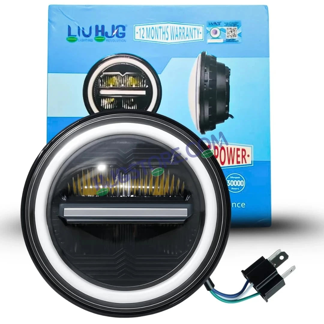 HJG 7 Inch 75W Minus New Model 75W Low Beam 110W Hi Beam LED Headlight Assembly White 7 Inch Round Motorcycle Lights For Jeeps Universal Car Compatible with Royal Enfield, Jeep & Harley Davidson LIU HJG New Box Minus 7 Inch - HJGstore.com