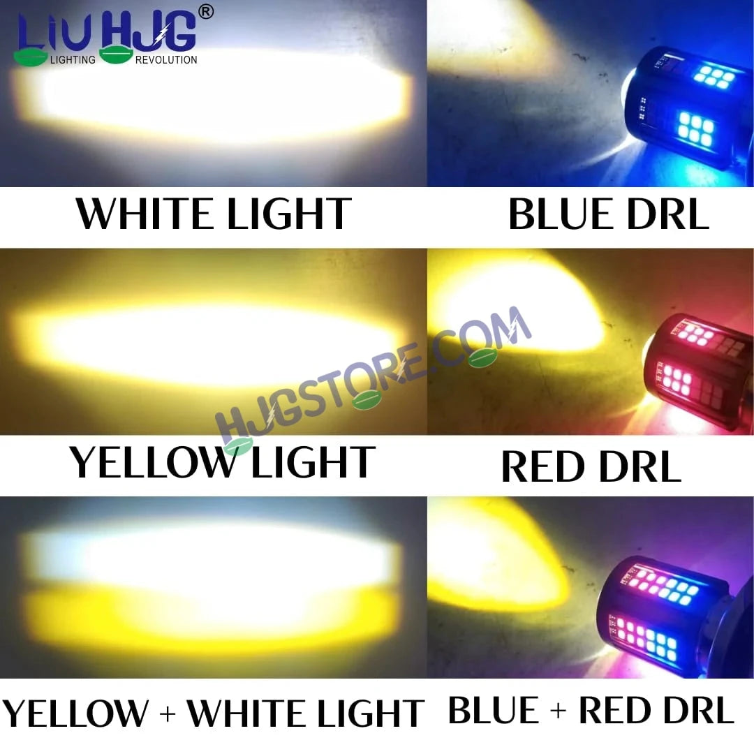 HJG H4 Lens 60 LED Red Blue Devil Lens New Model Red Blue White Yellow LED Headlight Bulb H4 For All Motorcycles (Low and High Beam Bulbs (White/Yellow/Red) Red DRL White Yellow 60W Lens) - 12V DC Hi/Lo Type H4 - HJGstore.com