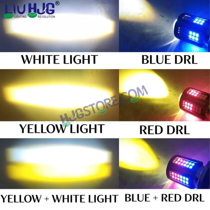 HJG H4 Lens 60 LED Red Blue Devil Lens New Model Red Blue White Yellow LED Headlight Bulb H4 For All Motorcycles (Low and High Beam Bulbs (White/Yellow/Red) Red DRL White Yellow 60W Lens) - 12V DC Hi/Lo Type H4 - HJGstore.com