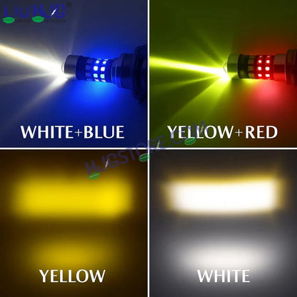 HJG H4 Lens 40 LED Red Blue Devil Lens New Model Red Blue White Yellow LED Headlight Bulb H4 For All Motorcycles (Low and High Beam Bulbs (White/Yellow/Red) Red DRL White Yellow 50W Lens) - 12V DC Hi/Lo Type H4 - HJGstore.com