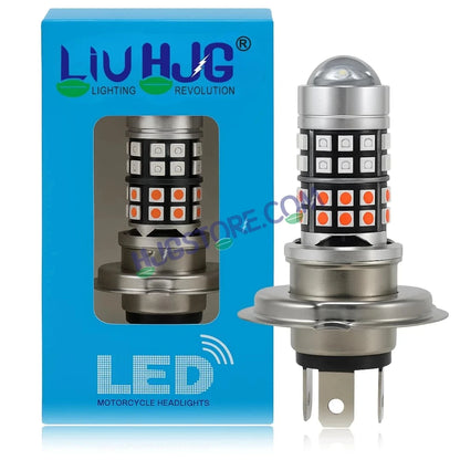 HJG H4 Lens 40 LED Red Blue Devil Lens New Model Red Blue White Yellow LED Headlight Bulb H4 For All Motorcycles (Low and High Beam Bulbs (White/Yellow/Red) Red DRL White Yellow 50W Lens) - 12V DC Hi/Lo Type H4 - HJGstore.com