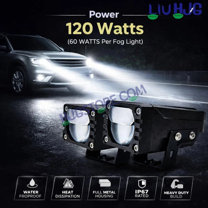 HJG HS99 Foglight Dual Condenser Lens 120W Foglight with Two Type Clamps White Hi/Lo Red Projector Foglight 120W Foglight Ultra Wide Intensity LED Fog Lights White Hi/Lo with Red Devil Fog Universal For All Cars & Bikes LIU HJG HS99 120W Foglight 2pc - HJGstore.com