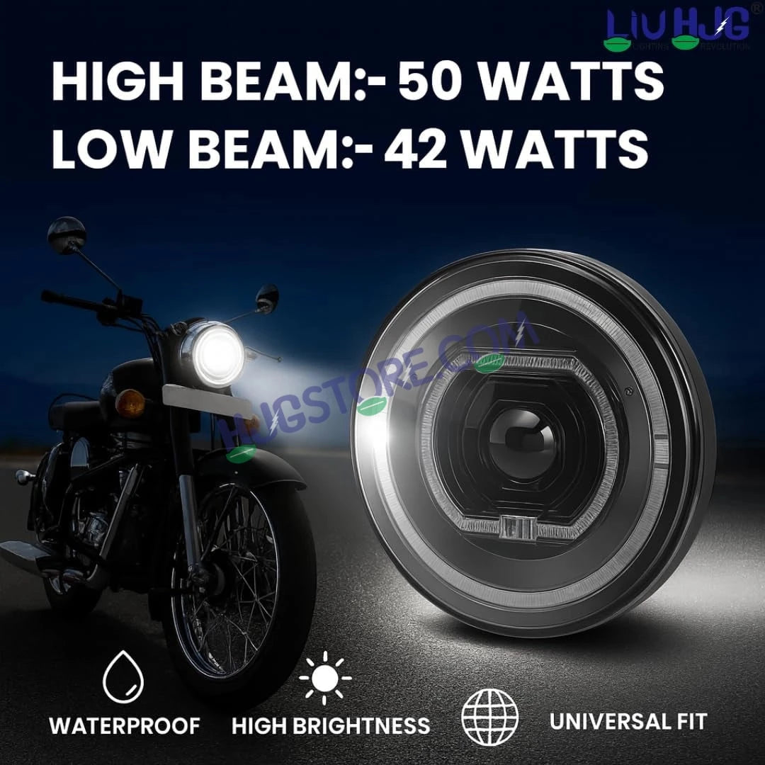 HJG C-279 Red Devil Blue Halo Ring 7 Inch Headlight Assembly 92W Projector Ultra Wide Halo Ring C-279 White LED Headlight New Projector Headlight Assembly | 92W CREE/Osram LED Chip Multi DRL Compatible with Royal Enfield, Jeep, Thar, Gypsy - HJGstore.com