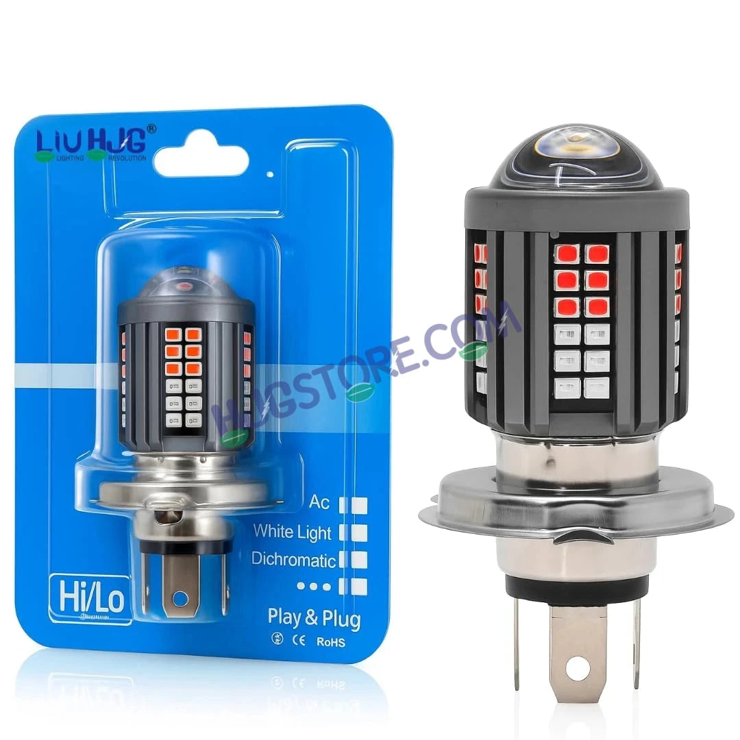 HJG H4 Lens 60 LED Red Blue Devil Lens New Model Red Blue White Yellow LED Headlight Bulb H4 For All Motorcycles (Low and High Beam Bulbs (White/Yellow/Red) Red DRL White Yellow 60W Lens) - 12V DC Hi/Lo Type H4 - HJGstore.com