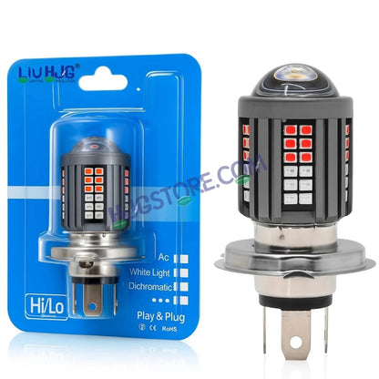 HJG H4 Lens 60 LED Red Blue Devil Lens New Model Red Blue White Yellow LED Headlight Bulb H4 For All Motorcycles (Low and High Beam Bulbs (White/Yellow/Red) Red DRL White Yellow 60W Lens) - 12V DC Hi/Lo Type H4 - HJGstore.com