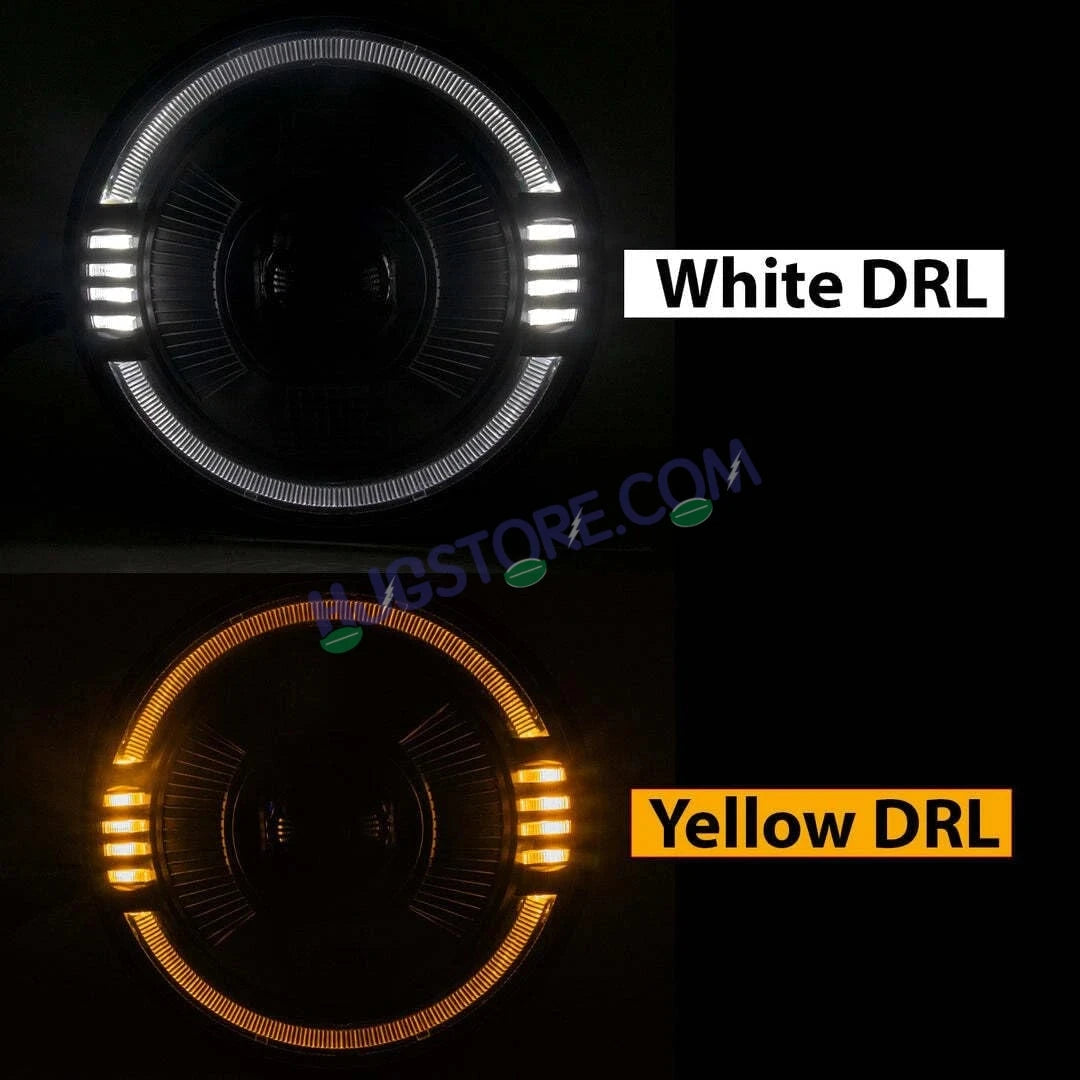 HJG Ring Projector 7 Inch C-216 Headlight Assembly Projector Ultra Wide 7 Inch Headlight Assembly 90W White LED Headlight Assembly for Royal Enfield | 80-100W CREE/Osram LED Chip Multi color White/Yellow Compatible with Royal Enfield, Jeep, Thar, Gypsy - HJGstore.com