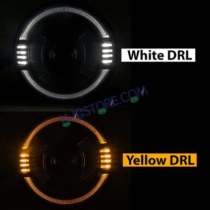 HJG Oval Ring Projector 7 Inch C-216 Headlight Assembly Projector Ultra Wide 7 Inch Headlight Assembly 90W White LED Headlight Assembly for Royal Enfield | 80-100W CREE/Osram LED Chip Multi White/Yellow Compatible with Royal Enfield, Jeep, Thar, Gypsy - HJGstore.com