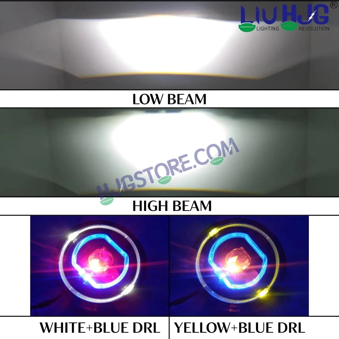 HJG C-279 Red Devil Blue Halo Ring 7 Inch Headlight Assembly 92W Projector Ultra Wide Halo Ring C-279 White LED Headlight New Projector Headlight Assembly | 92W CREE/Osram LED Chip Multi DRL Compatible with Royal Enfield, Jeep, Thar, Gypsy - HJGstore.com
