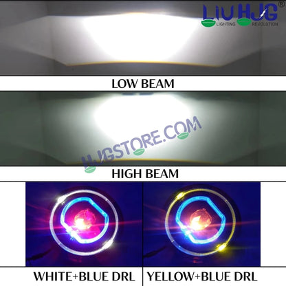 HJG C-279 Red Devil Blue Halo Ring 7 Inch Headlight Assembly 92W Projector Ultra Wide Halo Ring C-279 White LED Headlight New Projector Headlight Assembly | 92W CREE/Osram LED Chip Multi DRL Compatible with Royal Enfield, Jeep, Thar, Gypsy - HJGstore.com