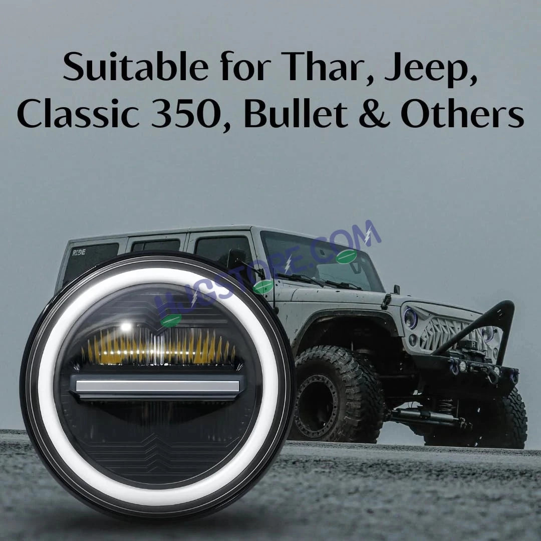 HJG 7 Inch 75W Minus New Model 75W Low Beam 110W Hi Beam LED Headlight Assembly White 7 Inch Round Motorcycle Lights For Jeeps Universal Car Compatible with Royal Enfield, Jeep & Harley Davidson LIU HJG New Box Minus 7 Inch - HJGstore.com