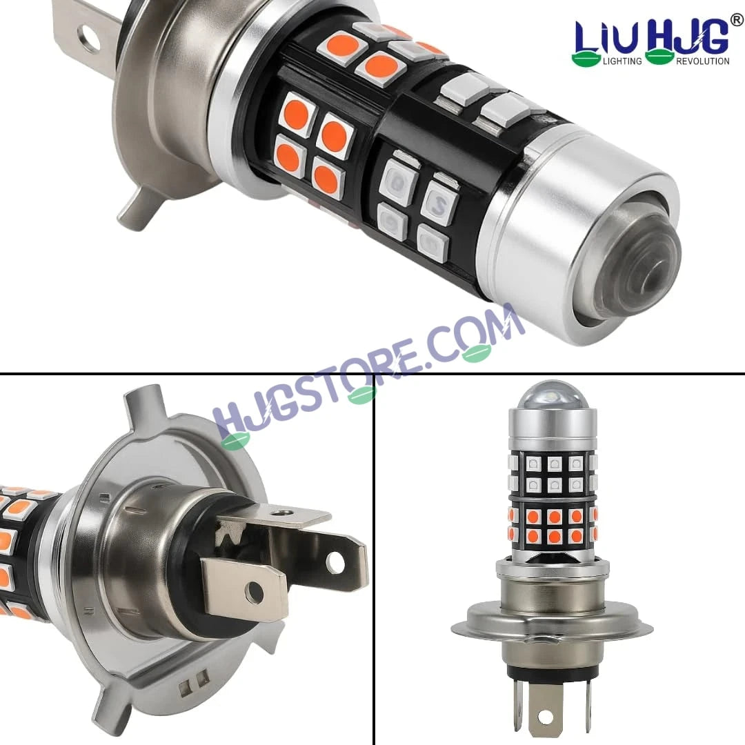 HJG H4 Lens 40 LED Red Blue Devil Lens New Model Red Blue White Yellow LED Headlight Bulb H4 For All Motorcycles (Low and High Beam Bulbs (White/Yellow/Red) Red DRL White Yellow 50W Lens) - 12V DC Hi/Lo Type H4 - HJGstore.com