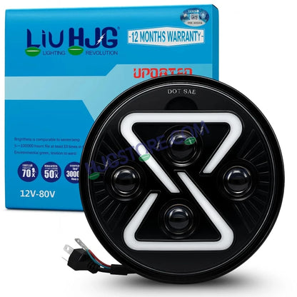 7 Inch HJG Headlight Assembly LED light with white triangular design next to a blue HJG packaging box. - HJGstore.com