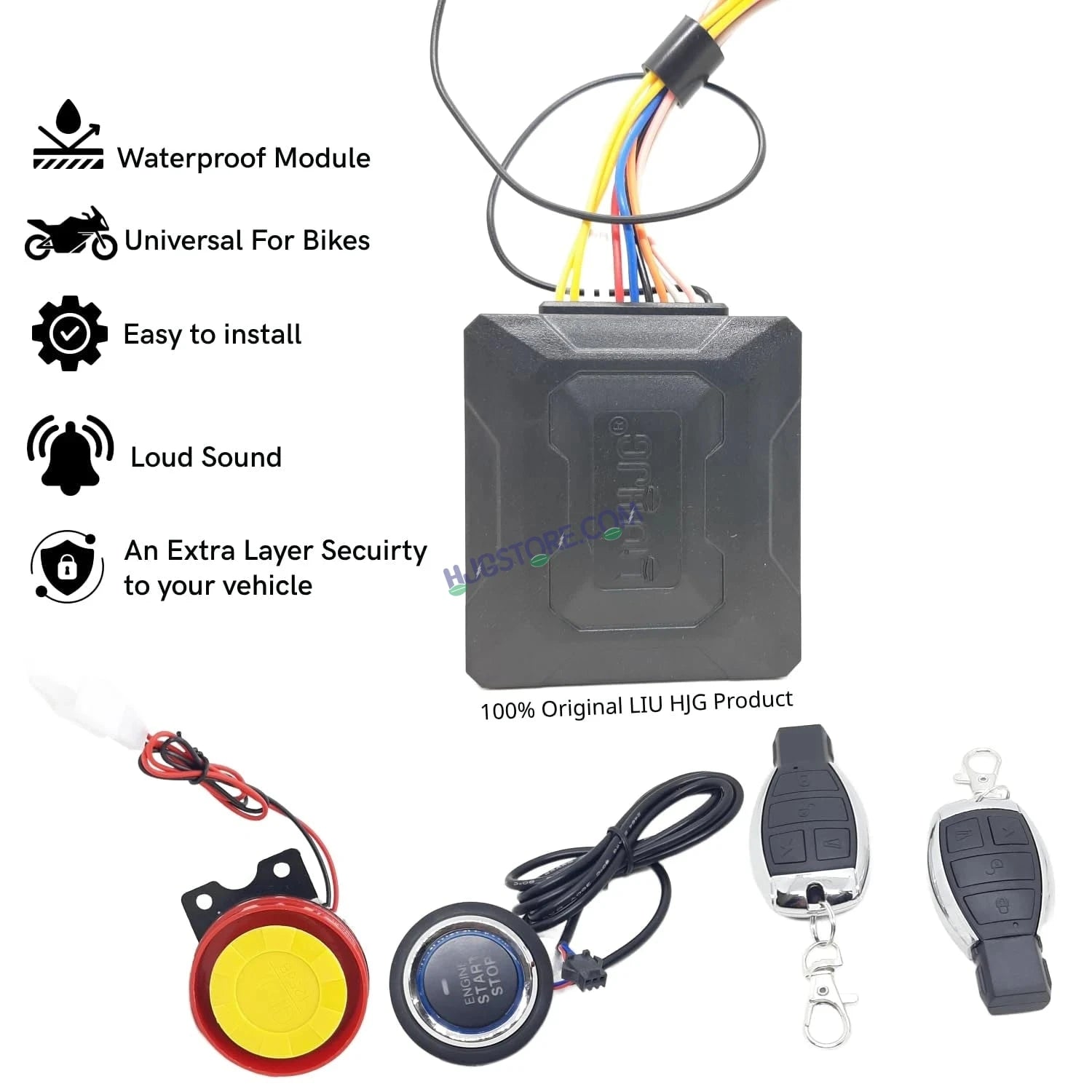 HJG Push Button Alarm System Kit Keyless Start One-Way Bike Alarm Kit for Two Wheeler Security HJG Anti-Theft Alarm System Kit (Loud Siren, Flashing Light 125 dB) LIU HJG Push Button Alarm System Kit - HJGstore.com
