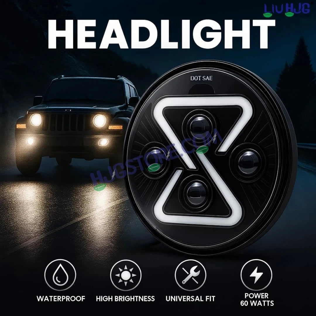 7 inch headlight assembly with 'HEADLIGHT' text and vehicle in the background - HJGstore.com