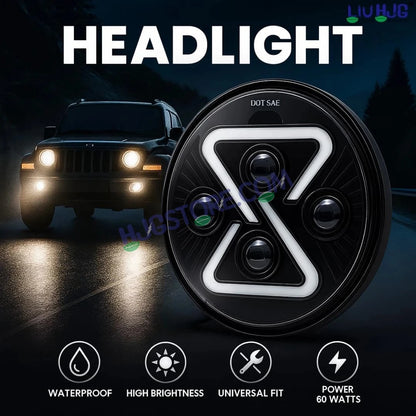 7 inch headlight assembly with 'HEADLIGHT' text and vehicle in the background - HJGstore.com