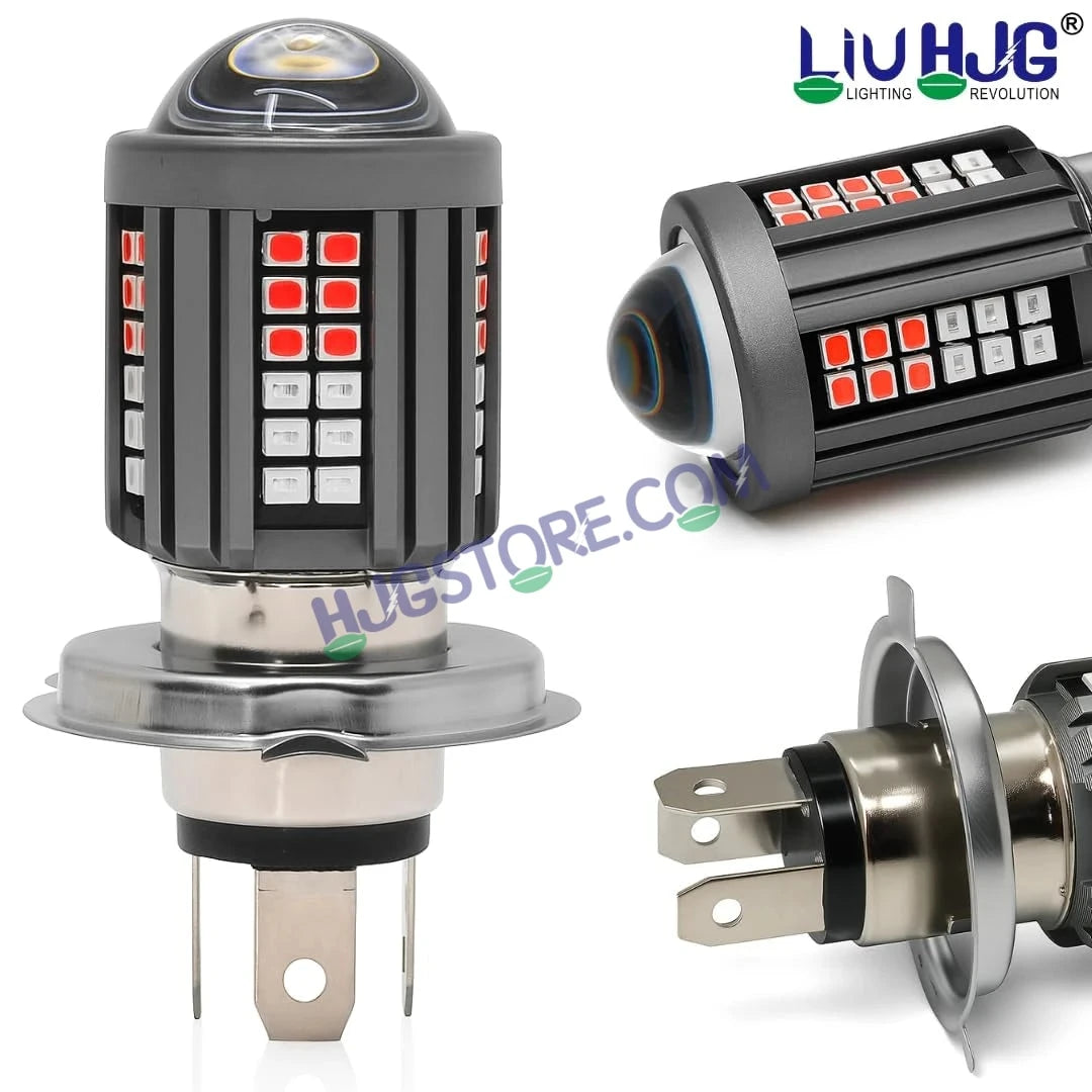 HJG H4 Lens 60 LED Red Blue Devil Lens New Model Red Blue White Yellow LED Headlight Bulb H4 For All Motorcycles (Low and High Beam Bulbs (White/Yellow/Red) Red DRL White Yellow 60W Lens) - 12V DC Hi/Lo Type H4 - HJGstore.com