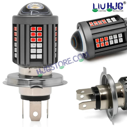 HJG H4 Lens 60 LED Red Blue Devil Lens New Model Red Blue White Yellow LED Headlight Bulb H4 For All Motorcycles (Low and High Beam Bulbs (White/Yellow/Red) Red DRL White Yellow 60W Lens) - 12V DC Hi/Lo Type H4 - HJGstore.com