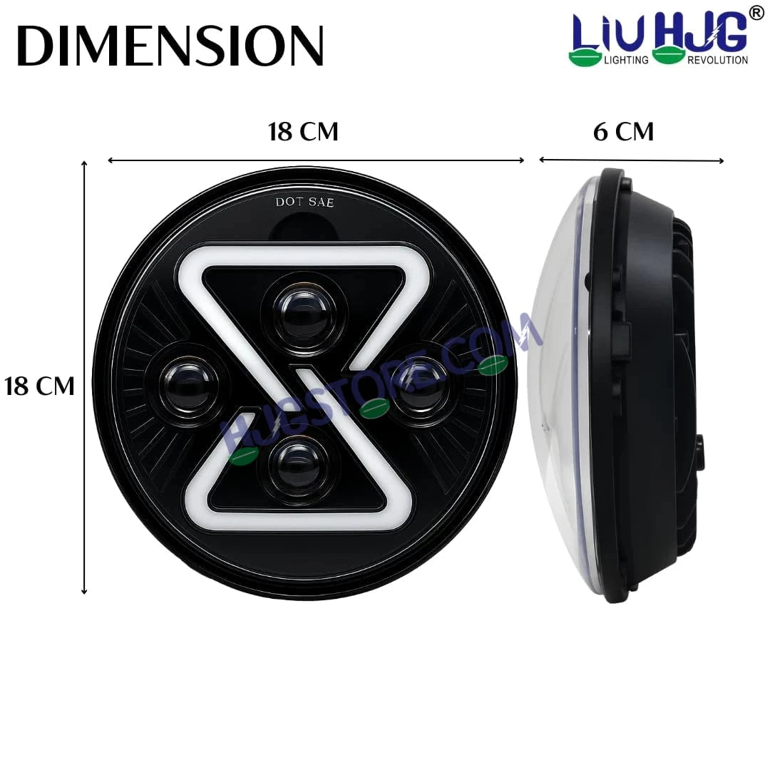 Dimensions of a 7 Inch light component with HJG branding - HJGstore.com
