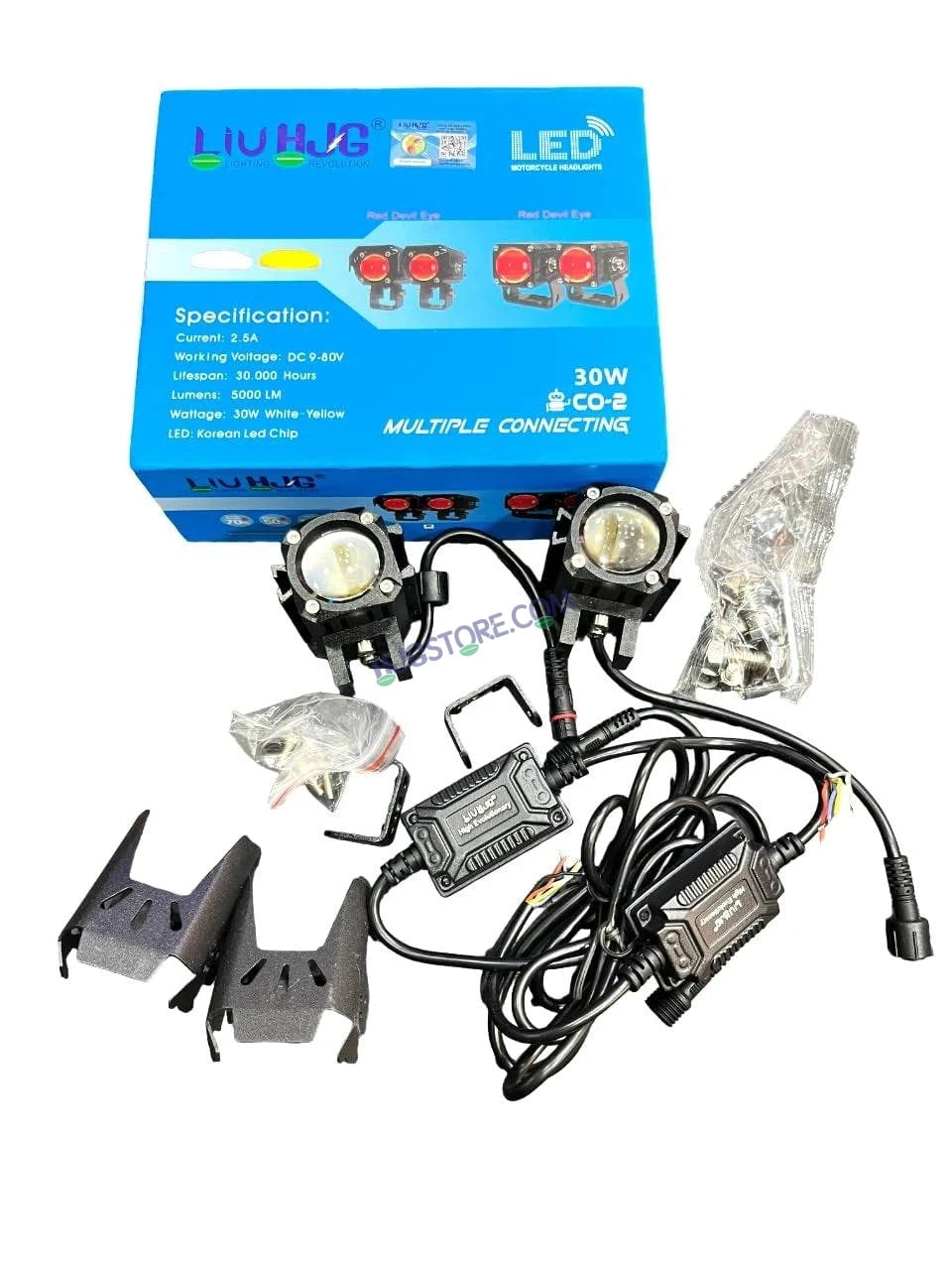 HJG CO-2 30W plus 30W 60W (30 * 2) Future 1 LED Mini Drive Light Red Devil Eye Light Co2 Multiple Connecting Red Yellow White Color With Wiring Harness Kit - HJGstore.com