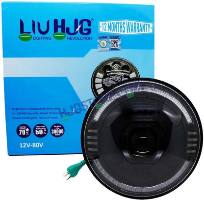 HJG Ring Projector 7 Inch C-216 Headlight Assembly Projector Ultra Wide 7 Inch Headlight Assembly 90W White LED Headlight Assembly for Royal Enfield | 80-100W CREE/Osram LED Chip Multi color White/Yellow Compatible with Royal Enfield, Jeep, Thar, Gypsy - HJGstore.com