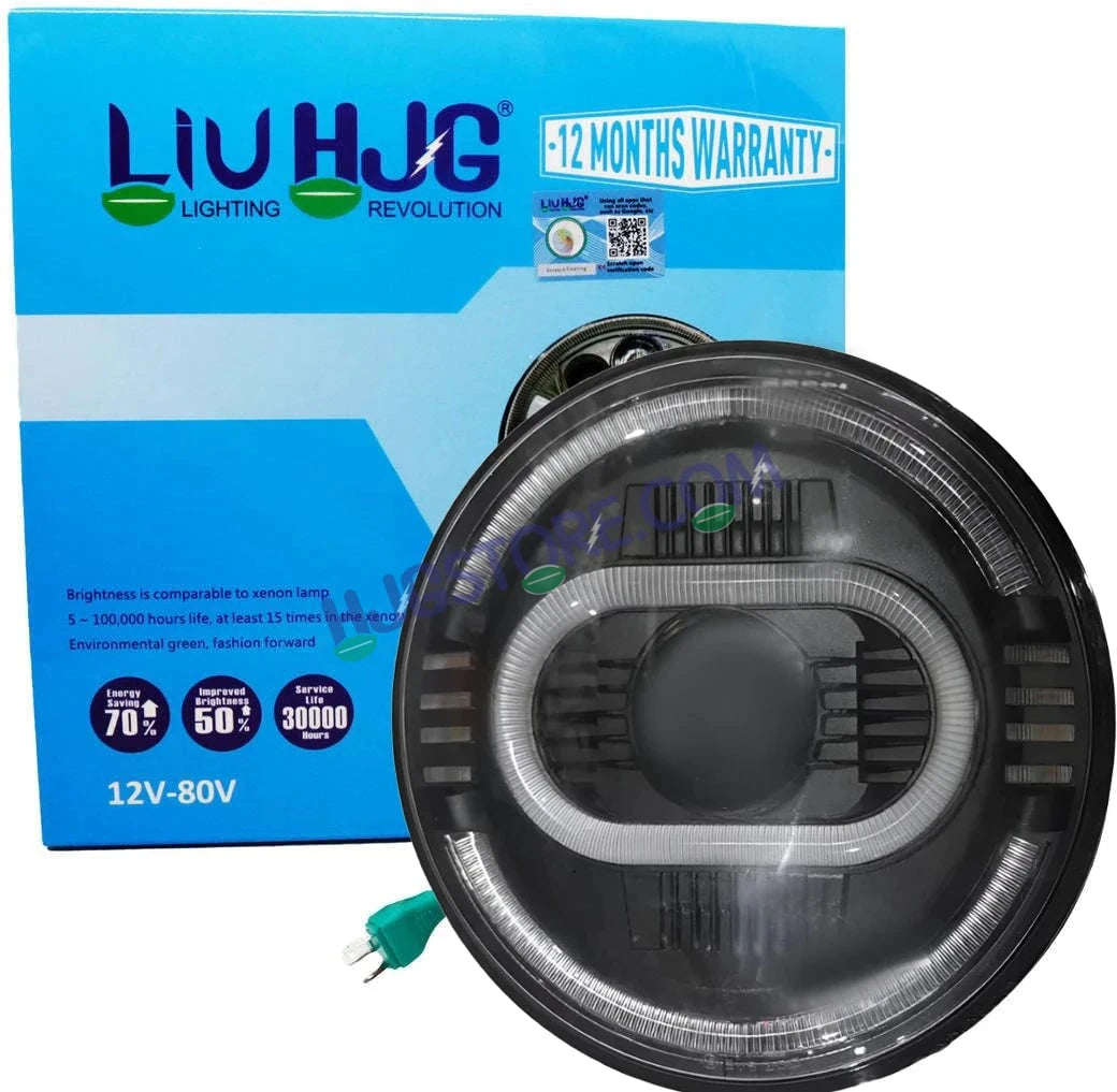 HJG Oval Ring Projector 7 Inch C-216 Headlight Assembly Projector Ultra Wide 7 Inch Headlight Assembly 90W White LED Headlight Assembly for Royal Enfield | 80-100W CREE/Osram LED Chip Multi White/Yellow Compatible with Royal Enfield, Jeep, Thar, Gypsy - HJGstore.com