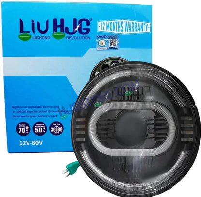 HJG Oval Ring Projector 7 Inch C-216 Headlight Assembly Projector Ultra Wide 7 Inch Headlight Assembly 90W White LED Headlight Assembly for Royal Enfield | 80-100W CREE/Osram LED Chip Multi White/Yellow Compatible with Royal Enfield, Jeep, Thar, Gypsy - HJGstore.com