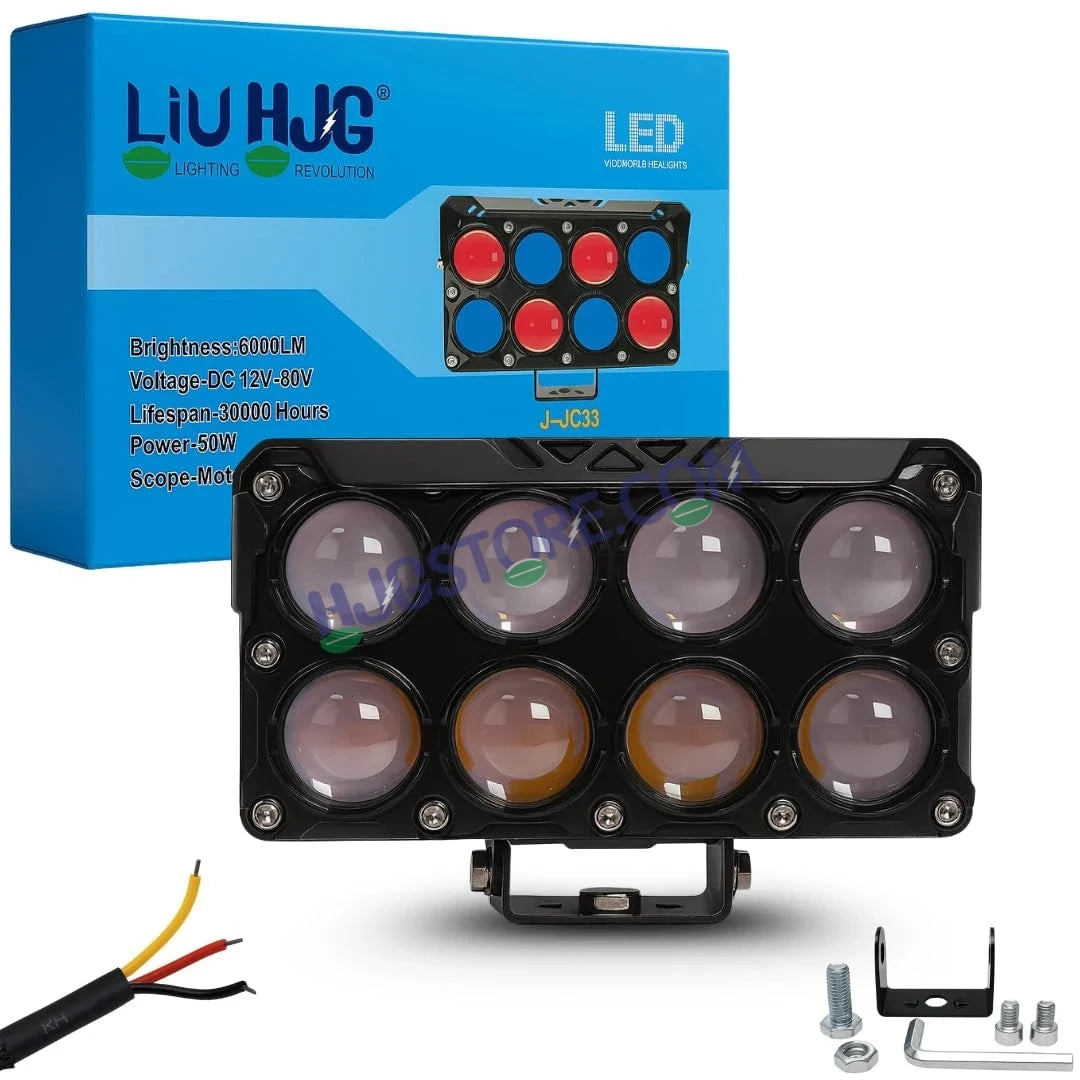 HJG 8 Lens Cube Red Blue 50W JC-33 Foglight with Red Blue Flash Mode 8 Lens Projector Foglight 50W Foglight Ultra Wide Dual Intensity LED Fog Lights White/Yellow/Warm White/Flash/Red Blue DRL Universal For All Cars & Bikes LIU HJG 8 Lens Cube Red Blue Fog - HJGstore.com
