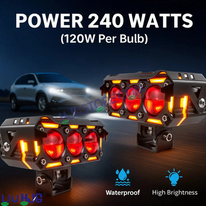 HJG New 240W Future Eyes Ring DRL 3 LED Projector Foglight with Wiring Harness Kit Red DRL/Amber Ring/White/Yellow Light 240W Foglight Ultra Wide Dual Intensity LED Driving Fog Lights Universal For All Cars & Bikes LIU HJG Ring 3 Lens Fog with Wiring Kit - HJGstore.com