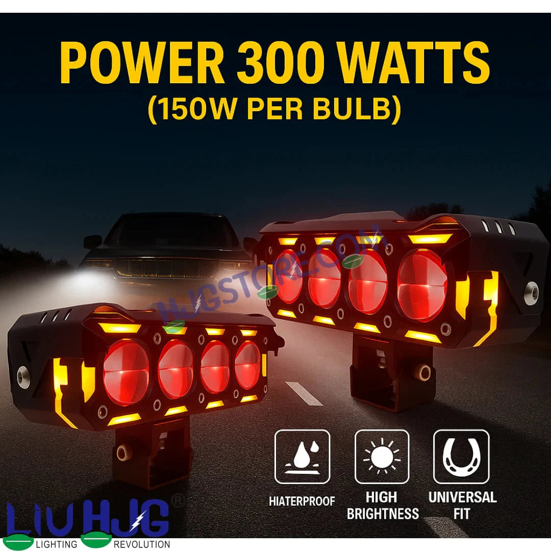 HJG New 300W Future Eyes Ring DRL 4 LED Projector Foglight with Wiring Harness Kit Red DRL/Amber Ring/White/Yellow Light 300W Foglight Ultra Wide Dual Intensity LED Driving Fog Lights Universal For All Cars & Bikes LIU HJG Ring 4 Lens Fog with Wiring Kit - HJGstore.com