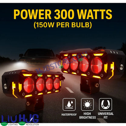 HJG New 300W Future Eyes Ring DRL 4 LED Projector Foglight with Wiring Harness Kit Red DRL/Amber Ring/White/Yellow Light 300W Foglight Ultra Wide Dual Intensity LED Driving Fog Lights Universal For All Cars & Bikes LIU HJG Ring 4 Lens Fog with Wiring Kit - HJGstore.com