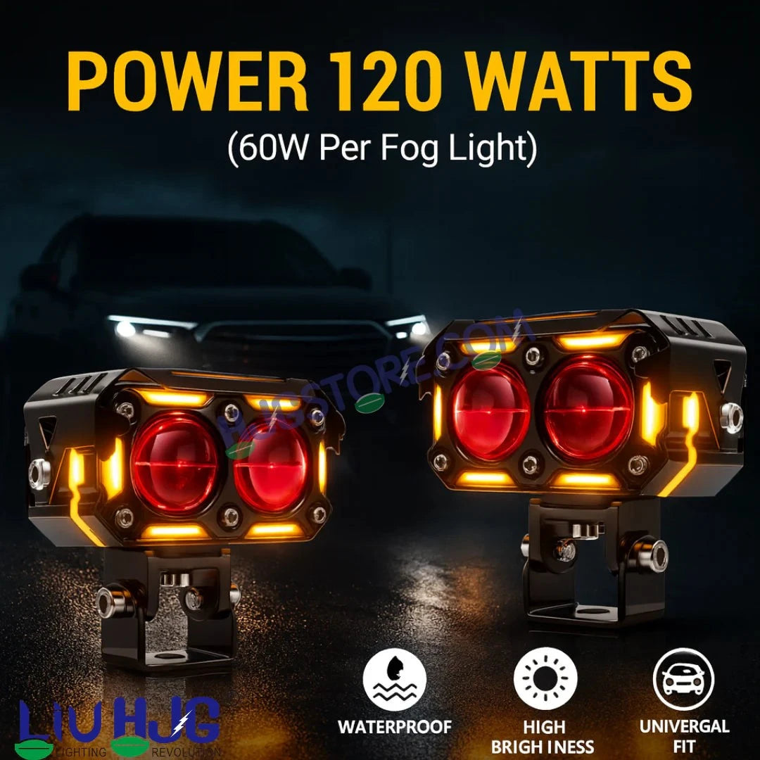 HJG New Future Eyes Ring DRL 2 LED Projector Foglight 120W with Wiring Harness Kit Red DRL/Amber Ring/White/Yellow Light 120W Foglight Ultra Wide Dual Intensity LED Driving Fog Lights Universal For All Cars & Bikes LIU HJG Ring 2 Lens Fog with Wiring Kit - HJGstore.com