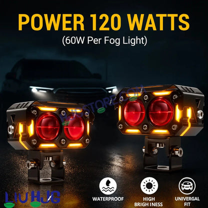 HJG New Future Eyes Ring DRL 2 LED Projector Foglight 120W with Wiring Harness Kit Red DRL/Amber Ring/White/Yellow Light 120W Foglight Ultra Wide Dual Intensity LED Driving Fog Lights Universal For All Cars & Bikes LIU HJG Ring 2 Lens Fog with Wiring Kit - HJGstore.com