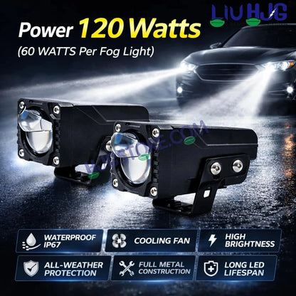 HJG HS104 Wide Lens Foglight Dual Condenser Lens 120W Foglight with Two Type Clamps White Hi/Lo Red Projector Foglight 120W Ultra Wide Intensity LED Fog Lights White Hi/Lo with Red Devil Fog Universal For All Cars & Bikes LIU HJG HS104 120W Foglight 2pc - HJGstore.com