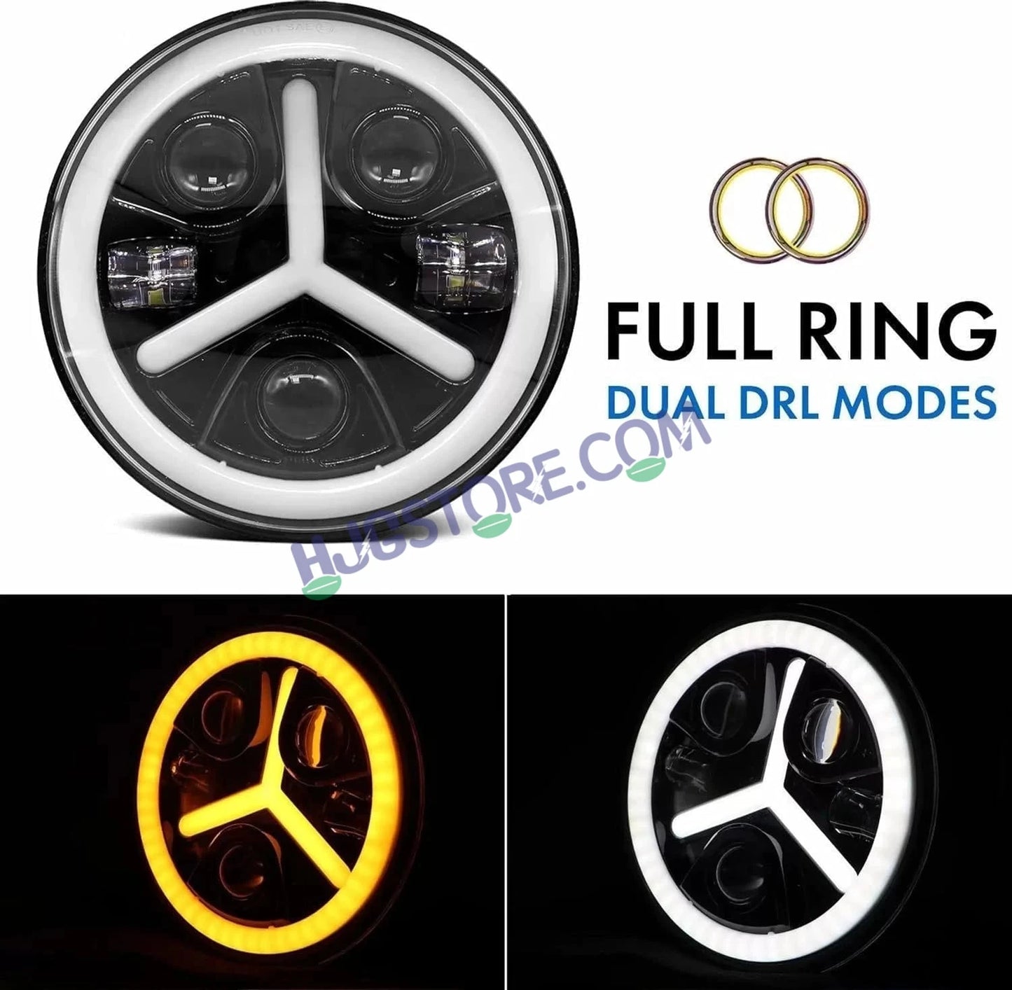 HJG Y Shape 7 Inch Mercedes Benz Headlight Assembly Projector Ultra Wide 7 Inch Headlight Assembly 90W White LED Headlight Assembly for Royal Enfield | 80-100W CREE/Osram LED Chip Multi color White/Yellow Compatible with Royal Enfield, Jeep, Thar, Gypsy - HJGstore.com