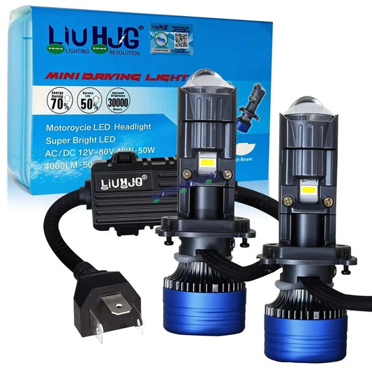 HJG H4 New Dual Y6 Condenser RTD Lens Dual Projector Lens Projector Lens LED Headlight Bulb for car | Hi/Lo Beam Headlight 12V-80V | 100W | 10000LM | 3 Pin Projector H4 Headlight with Fan | LIU HJG New Dual Y6 Condenser RTD Projector Lens H4 (Pack of 2) - HJGstore.com