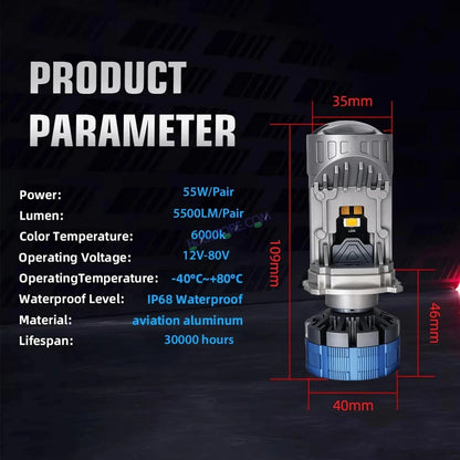 HJG Y6 New Model 55W Projector Lens H4 LED Bulb 55W HJG Y6 Projector Light Lamp H4 LED Mini Projector Lens with Fan for Bike Bulb 7000LM Conversion Kit Hi/Lo Beam Headlight 12V/24V for Motorcycle, Set of 1, White Hi/Lo - HJGstore.com