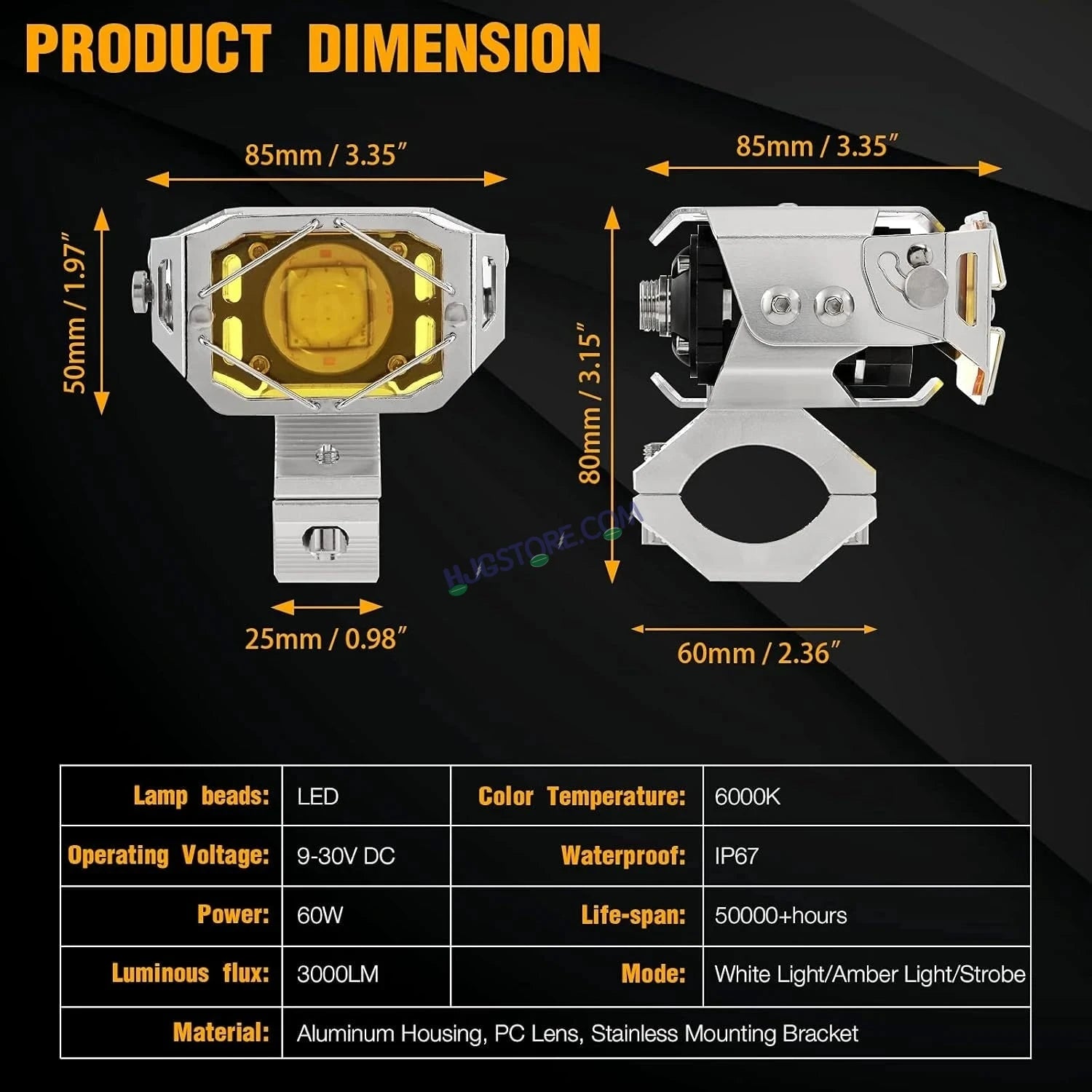 HJG Chrome Transformer Foglight 140W LED Projector with Wiring Kit Slider Yellow Cap Wide Spread White/Yellow 140W 2pc Foglight Ultra Wide Dual Intensity LED Driving Fog Lights 3000K/6500K Universal For All Cars & Bikes, Pack of 2 with Wiring Harness Kit - HJGstore.com