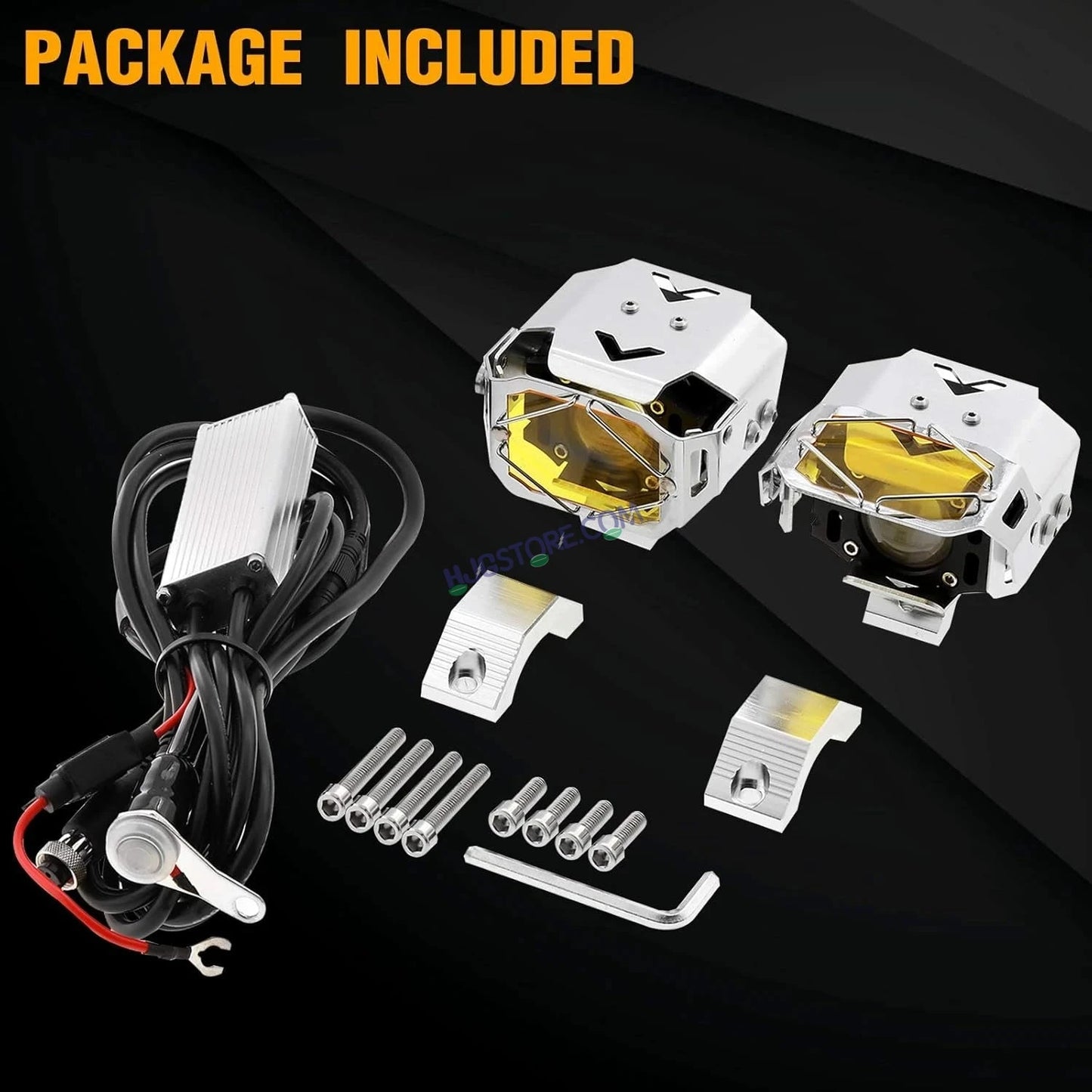 HJG Chrome Transformer Foglight 140W LED Projector with Wiring Kit Slider Yellow Cap Wide Spread White/Yellow 140W 2pc Foglight Ultra Wide Dual Intensity LED Driving Fog Lights 3000K/6500K Universal For All Cars & Bikes, Pack of 2 with Wiring Harness Kit - HJGstore.com