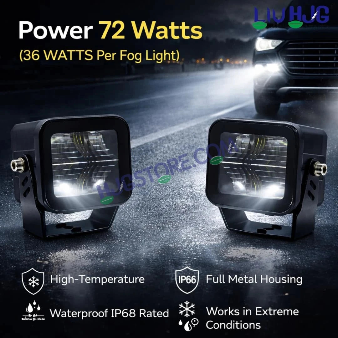 HJG W-08 White Cube Foglight 72W White Foglight White LED Foglight Ultra Wide Spread White Light 72W Foglight Ultra Wide Intensity LED Driving Fog Lights Universal For All Cars & Bikes LIU HJG W-08 White Cube Foglight Driving Lights, Pack of 2 - HJGstore.com