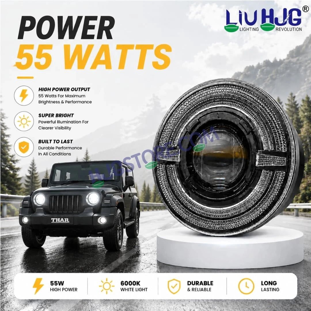 HJG C-319 Red Devil White Amber Halo Ring 7 Inch Headlight Assembly 93W Projector Ultra Wide Halo Ring C-319 White LED Headlight New Projector Headlight Assembly | 93W CREE/Osram LED Chip Multi DRL Compatible with Royal Enfield, Jeep, Thar, Gypsy - HJGstore.com