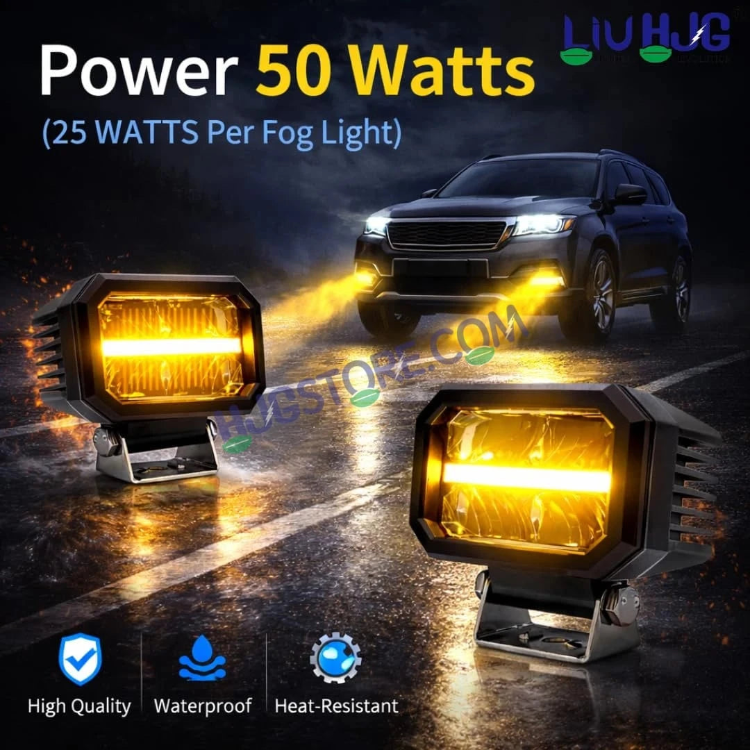 HJG W-07 Minus Cube Foglight 50W White/Amber Foglight White/Yellow DRL Dual LED Foglight Amber/White DRL White Light 50W Foglight Ultra Wide Dual Intensity LED Driving Fog Lights Universal For All Cars & Bikes LIU HJG W-07 Minus Cube Foglight, Pack of 2 - HJGstore.com