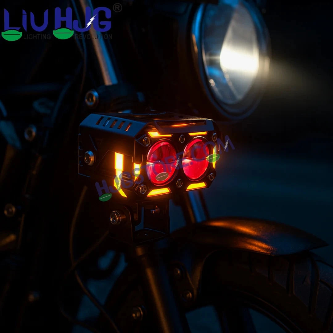 HJG New Future Eyes Ring DRL 2 LED Projector Foglight 120W with Wiring Harness Kit Red DRL/Amber Ring/White/Yellow Light 120W Foglight Ultra Wide Dual Intensity LED Driving Fog Lights Universal For All Cars & Bikes LIU HJG Ring 2 Lens Fog with Wiring Kit - HJGstore.com