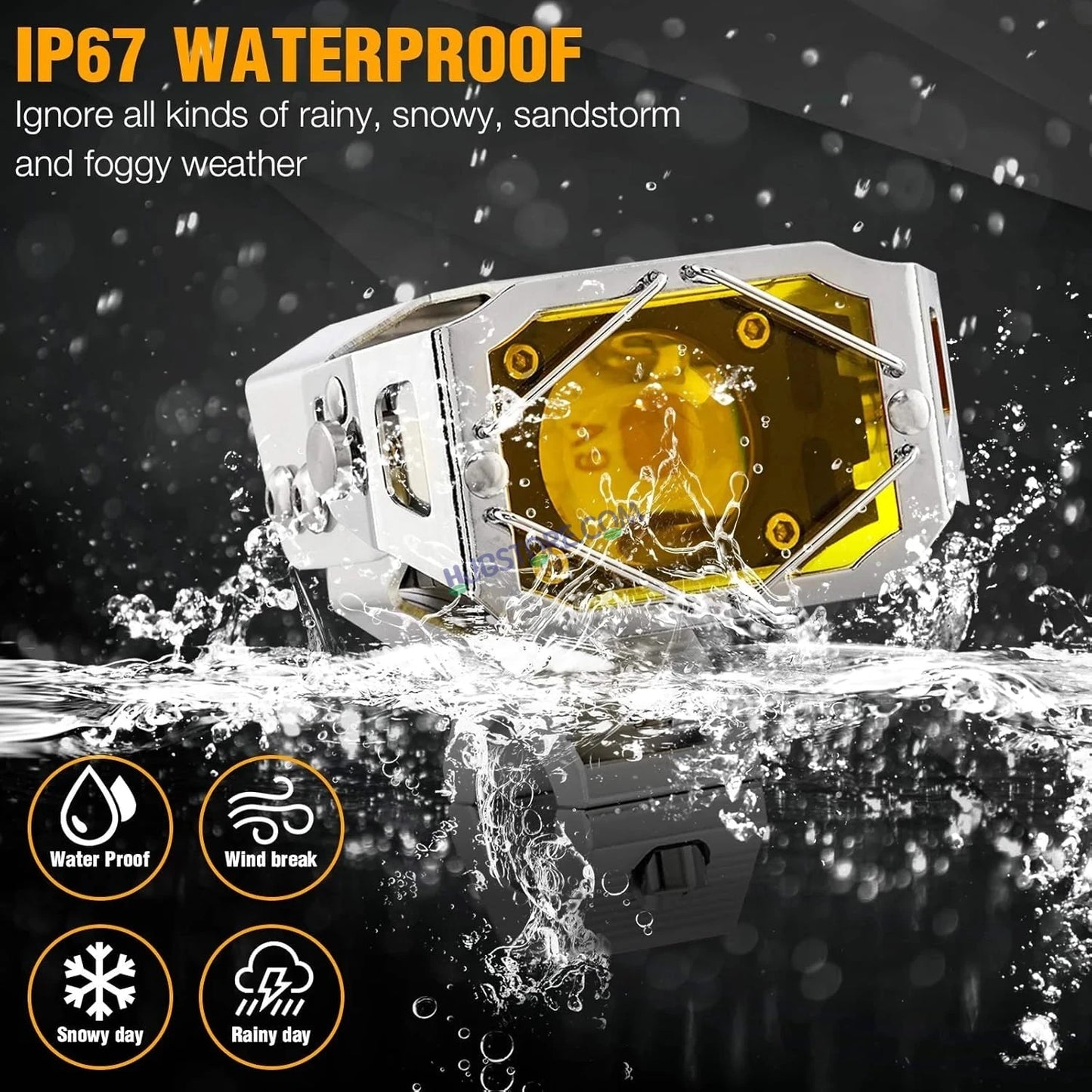 HJG Chrome Transformer Foglight 140W LED Projector with Wiring Kit Slider Yellow Cap Wide Spread White/Yellow 140W 2pc Foglight Ultra Wide Dual Intensity LED Driving Fog Lights 3000K/6500K Universal For All Cars & Bikes, Pack of 2 with Wiring Harness Kit - HJGstore.com